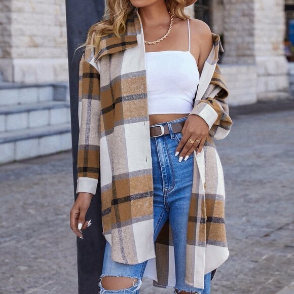 MODA ME COUTURE Jackets & Blazers - Casual Plaid Print Shacket Khaki